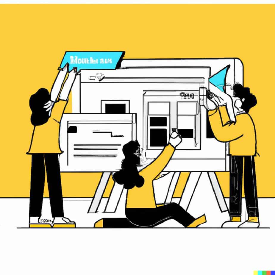illustration-that-depicts-the-process-of-designing-a-custom-WordPress-theme-with-designers-working-on-wireframes-mockups-and-coding